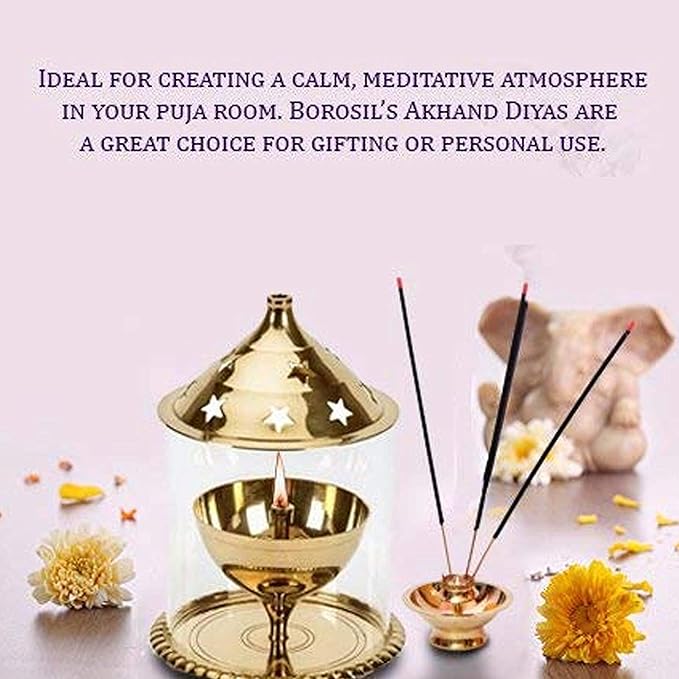 Borosil Akhand Diya (Small, Brass) – Long-Lasting & Smokeless Brass Oil Lamp for Pooja & Home Décor Revaais