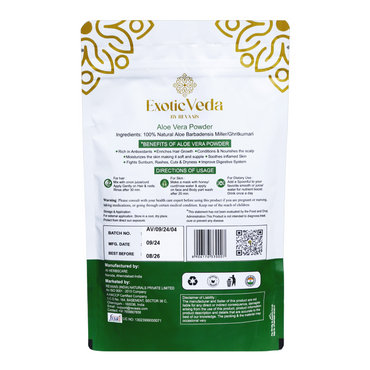 Pure Aloe Vera Powder Natural Herbal Supplement for Skin & Hair Care (100g) - Exotic Veda