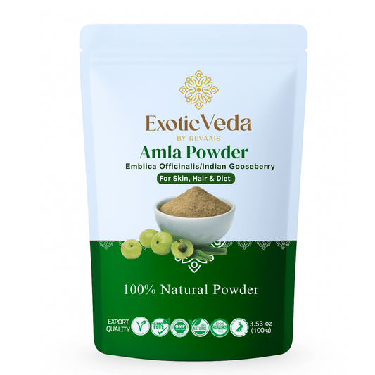 Organic Amla Powder by Exotic Veda – Herbal Supplement for Immunity, Hair Growth, and Detoxification,Vegan, Non-GMO (100g)