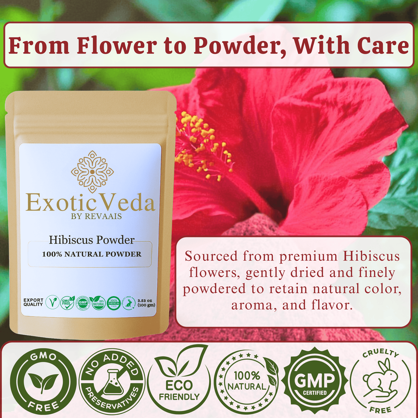Hibiscus Powder 100g (3.53 oz) – 100% Pure Hibiscus Flower Powder for Tea, Smoothies, Hair & Skin Care