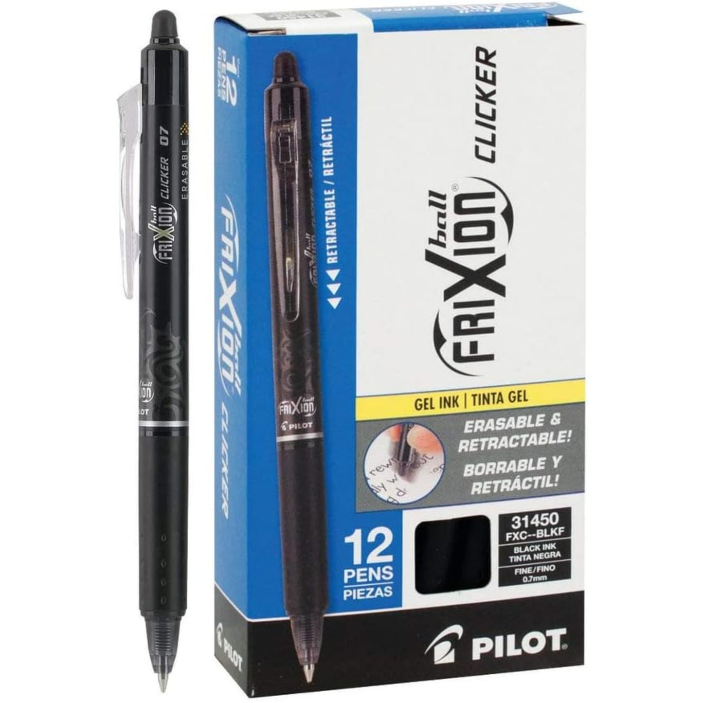 PILOT FriXion Ball Clicker Retractable Erasable Gel Pen, Fine Point, 0.7mm, Black Ink, 6 Count