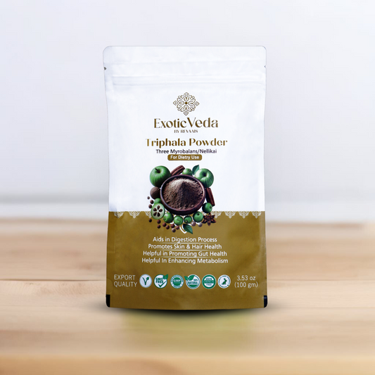 Triphla Powder Exotic Veda | Ayurvedic Gut Immune Health Nutrient Dense, Vegan, Gluten-Free Amla, Haritaki, Bibhitaki | Aids in Digestion | Non GMO 100% Vegan (100g)