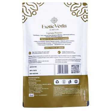 Exotic Veda Triphala Powder Backside | Ayurvedic Gut Immune Health Nutrient Dense, Vegan, Gluten-Free Amla, Haritaki, Bibhitaki | Aids in Digestion | Non GMO 100% Vegan (100g)