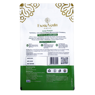 Organic Amla Powder by Exotic Veda – Herbal Supplement for Immunity, Hair Growth, and Detoxification,Vegan, Non-GMO (100g)