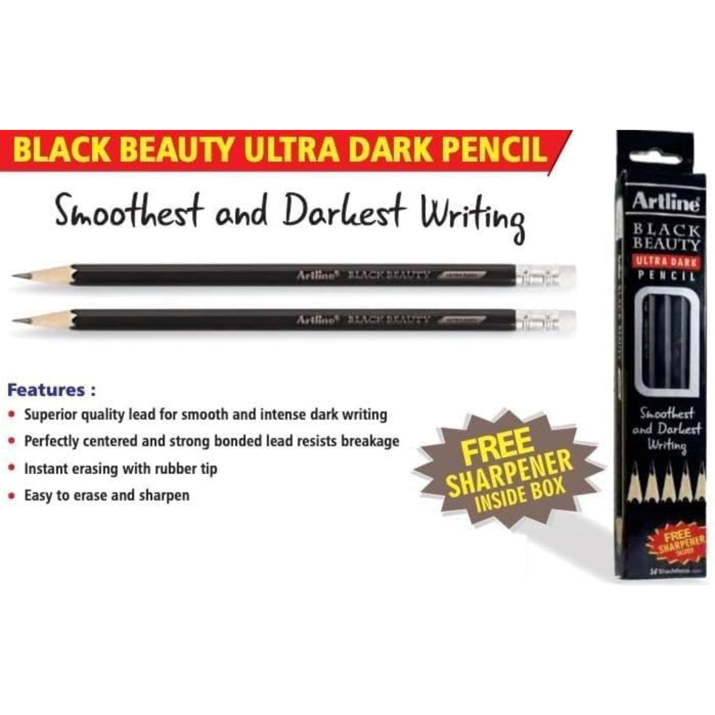 Artline Dark Pencil Pack of 2 | Bold Graphite Lead | Includes Sharpener | Ideal for Writing & Drawing