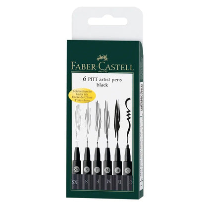 Faber-Castell F167116 Pitt Artist Pen Wallet of 6 – Assorted Tips, Black Ink | Professional Pens for Drawing, Sketching, & Detailing