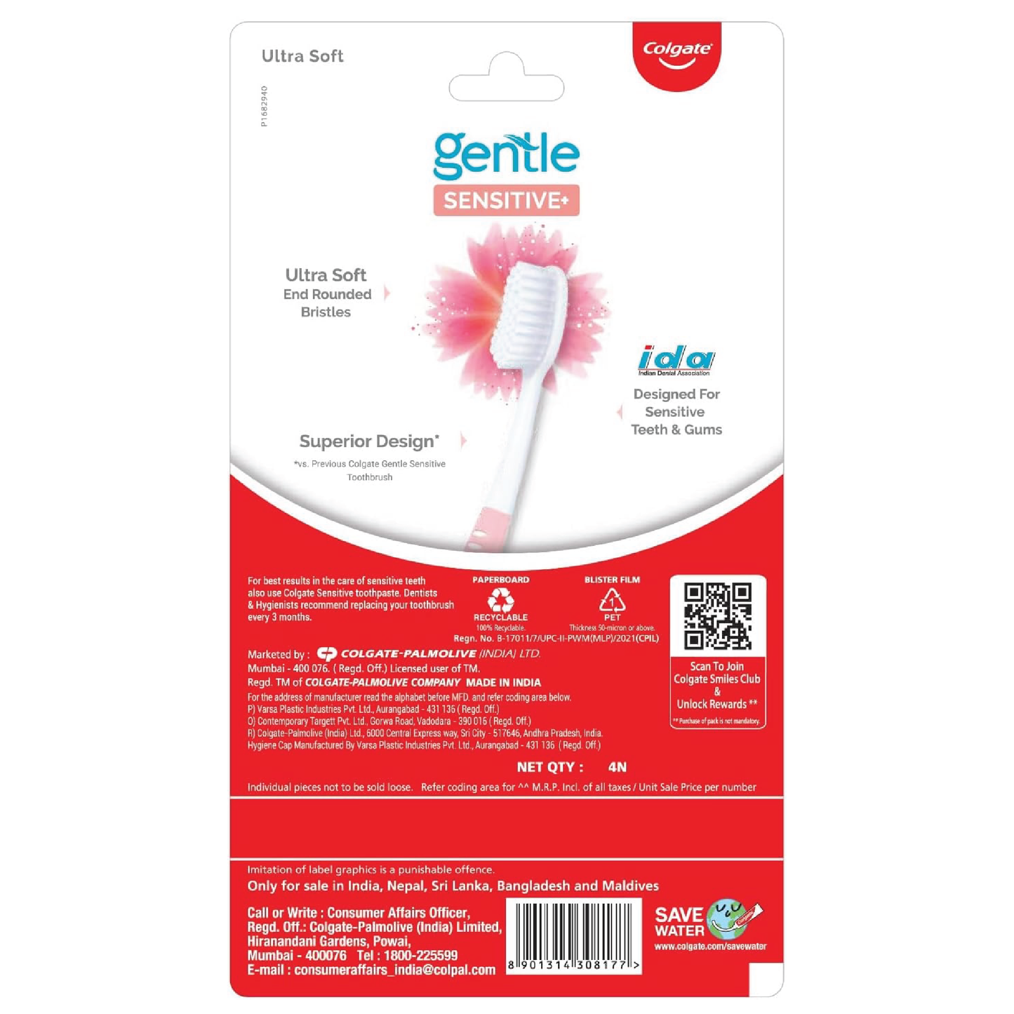 Colgate Sensitive Toothbrush, Pack of 4 - Ultra Soft Bristles & Flexible Neck for Gentle Cleaning