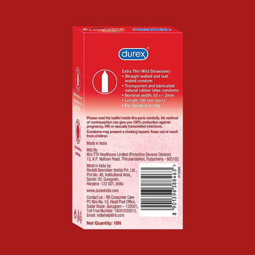 Durex Extra Thin Wild Strawberry Flavored Condoms for Men – 10s Barcode and precautions