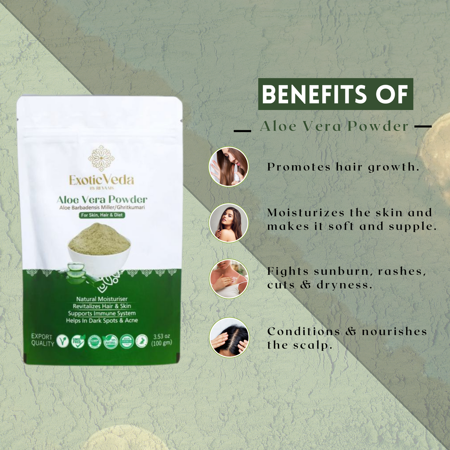 Pure Aloe Vera Powder Natural Herbal Supplement for Skin & Hair Care (100g) - Exotic Veda