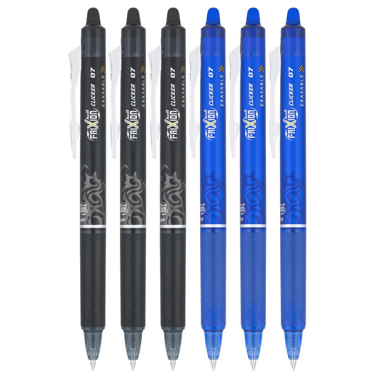 Pilot FriXion Clicker 0.7mm Erasable Gel Pens – Fine Point (6-Pack, Black/Blue) | Smooth Writing & Mistake-Free Erasing