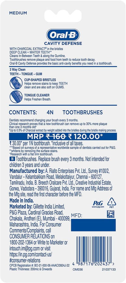 Oral-B Cavity Defense 123 Medium Toothbrush - Pack of 4 Black Toothbrushes with Tongue Cleaner for Plaque Control