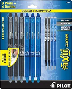 Pilot FriXion Clicker 0.7mm Erasable Gel Pens – Fine Point (6-Pack, Black/Blue) | Smooth Writing & Mistake-Free Erasing