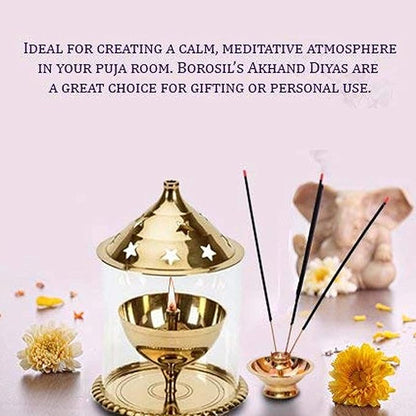 Borosil Akhand Diya (Medium, Brass) – Durable & Bright Oil Lamp | Easy to Clean & Long-Lasting Traditional Diya