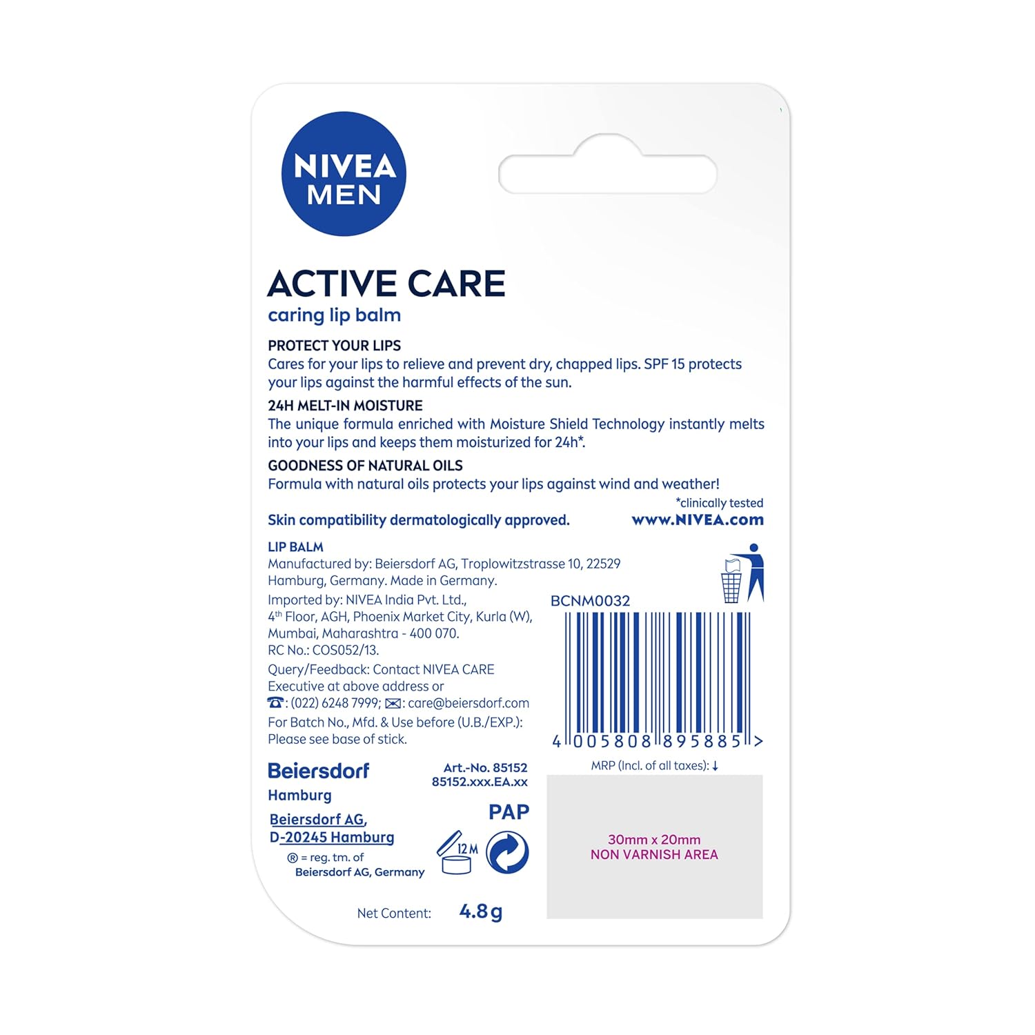 Nivea Men's Active Care SPF 15, 4.8g - Suitable for Daily Lip Protection