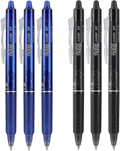 Pilot FriXion Clicker 0.7mm Erasable Gel Pens – Fine Point (6-Pack, Black/Blue) | Smooth Writing & Mistake-Free Erasing