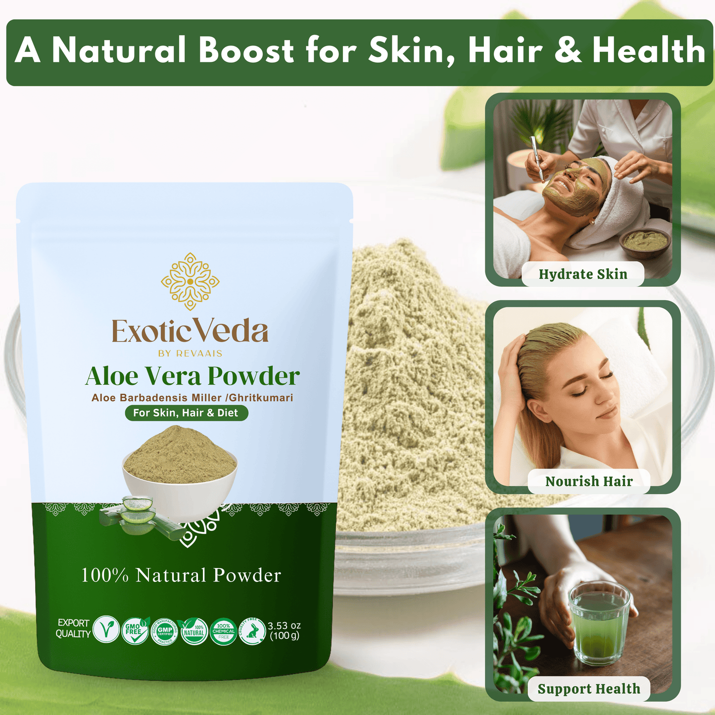 Pure Aloe Vera Powder Natural Herbal Supplement for Skin & Hair Care (100g) - Exotic Veda