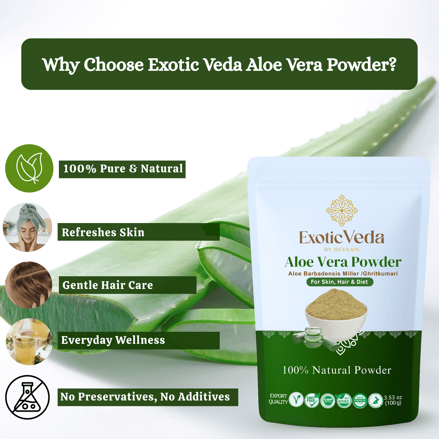 Pure Aloe Vera Powder Natural Herbal Supplement for Skin & Hair Care (100g) - Exotic Veda