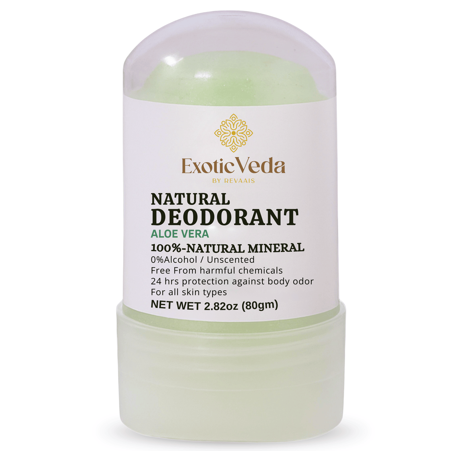 Aloe Vera Alum Roll-On Deodorant, hypoallergenic deodorant, alcohol-free and aluminum-free, 80g, for gentle odor protection.
