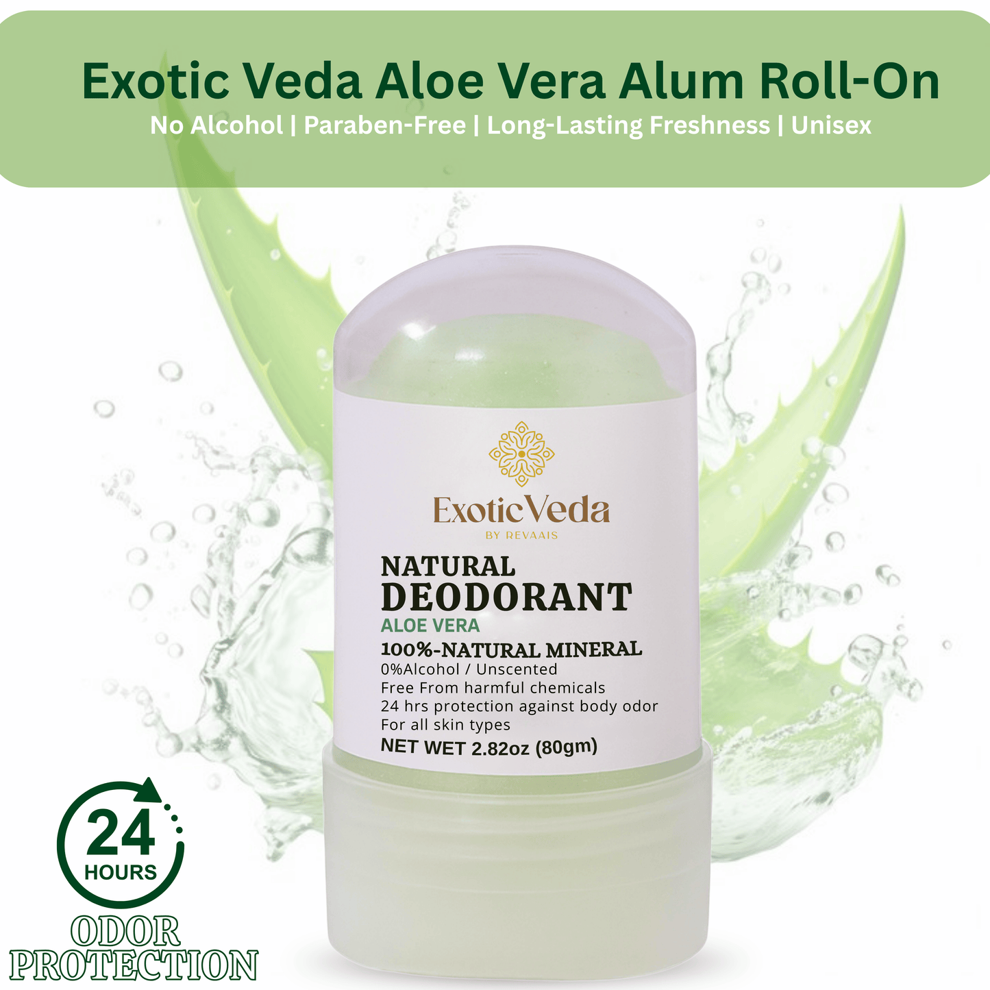  Aloe Vera Alum Roll-On Deodorant, hypoallergenic deodorant, alcohol-free and aluminum-free, 80g, for gentle odor protection.