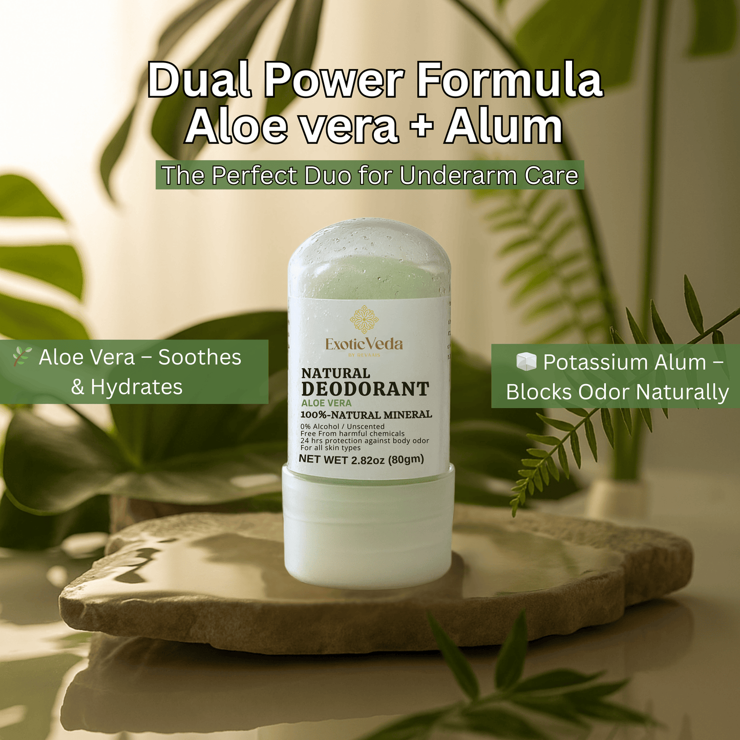  Aloe Vera Alum Roll-On Deodorant, hypoallergenic deodorant, alcohol-free and aluminum-free, 80g, for gentle odor protection.