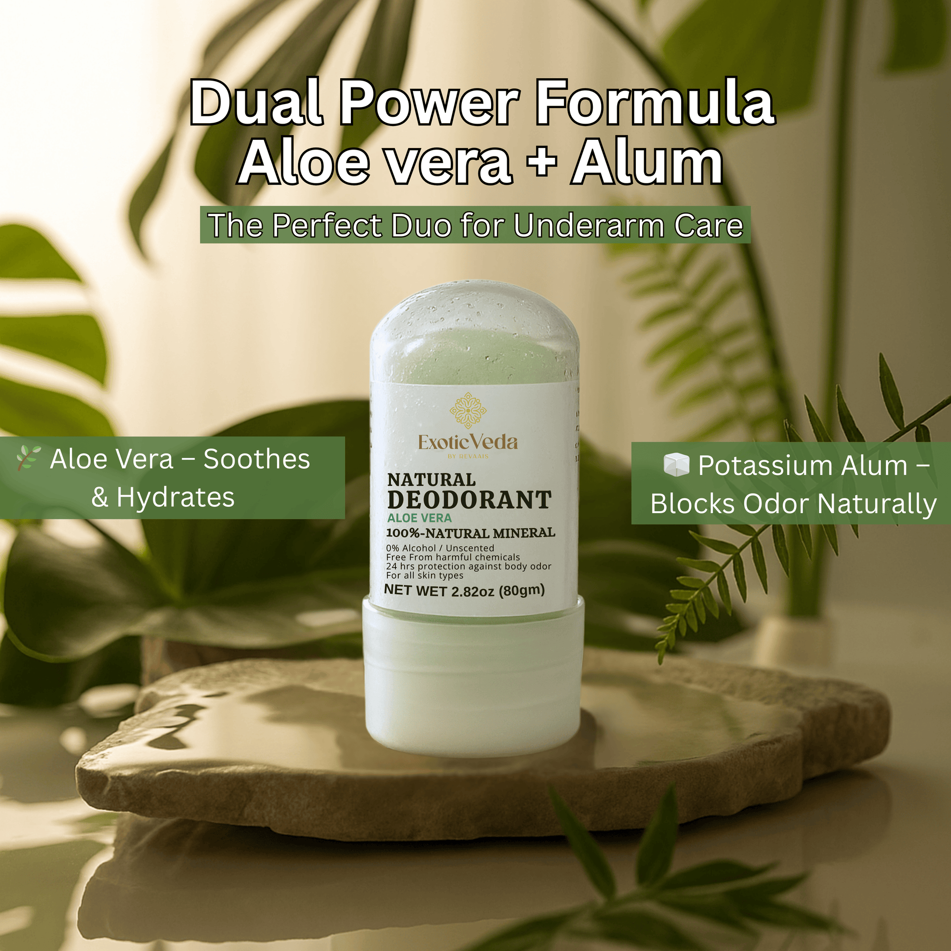  Aloe Vera Alum Roll-On Deodorant, hypoallergenic deodorant, alcohol-free and aluminum-free, 80g, for gentle odor protection.