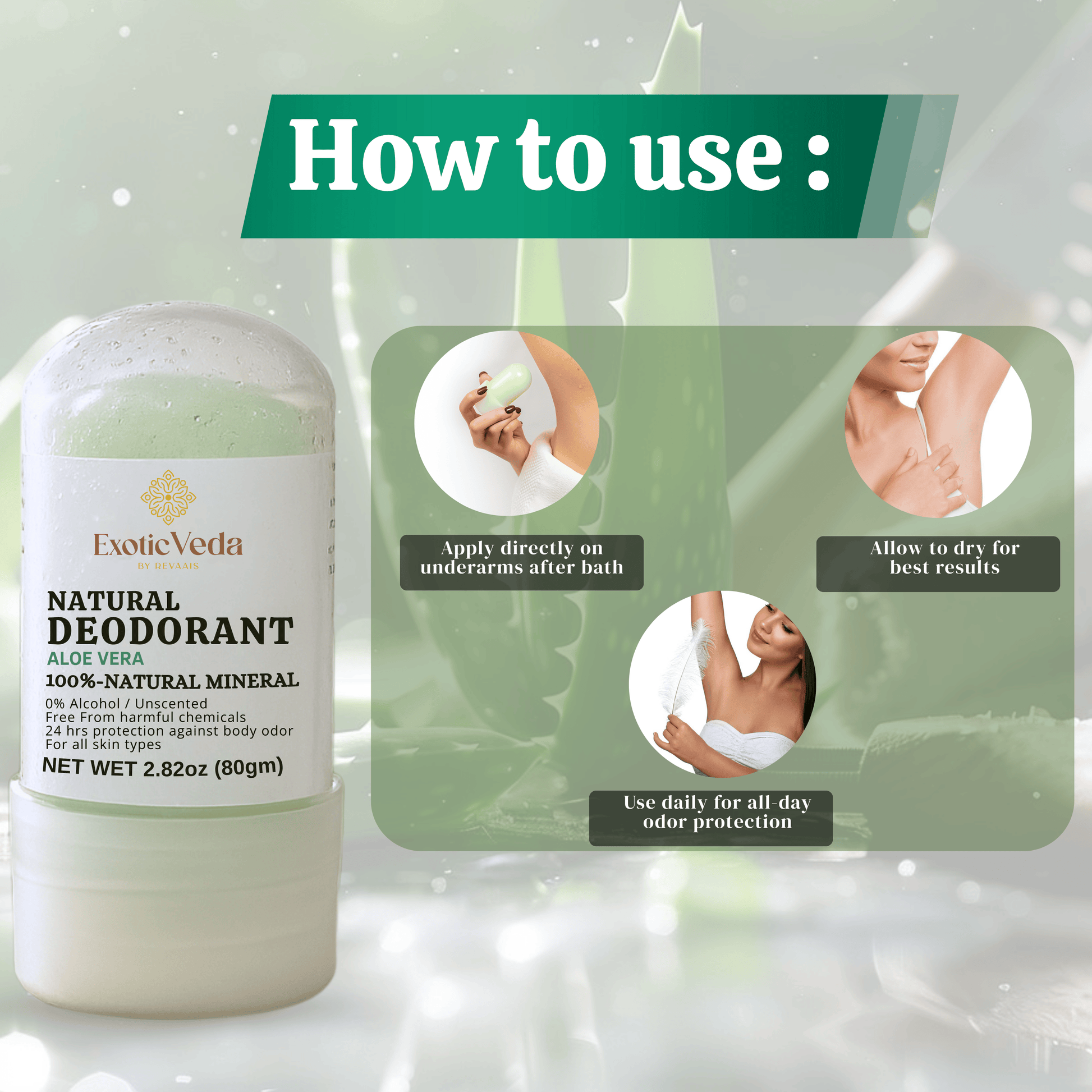  Aloe Vera Alum Roll-On Deodorant, hypoallergenic deodorant, alcohol-free and aluminum-free, 80g, for gentle odor protection.