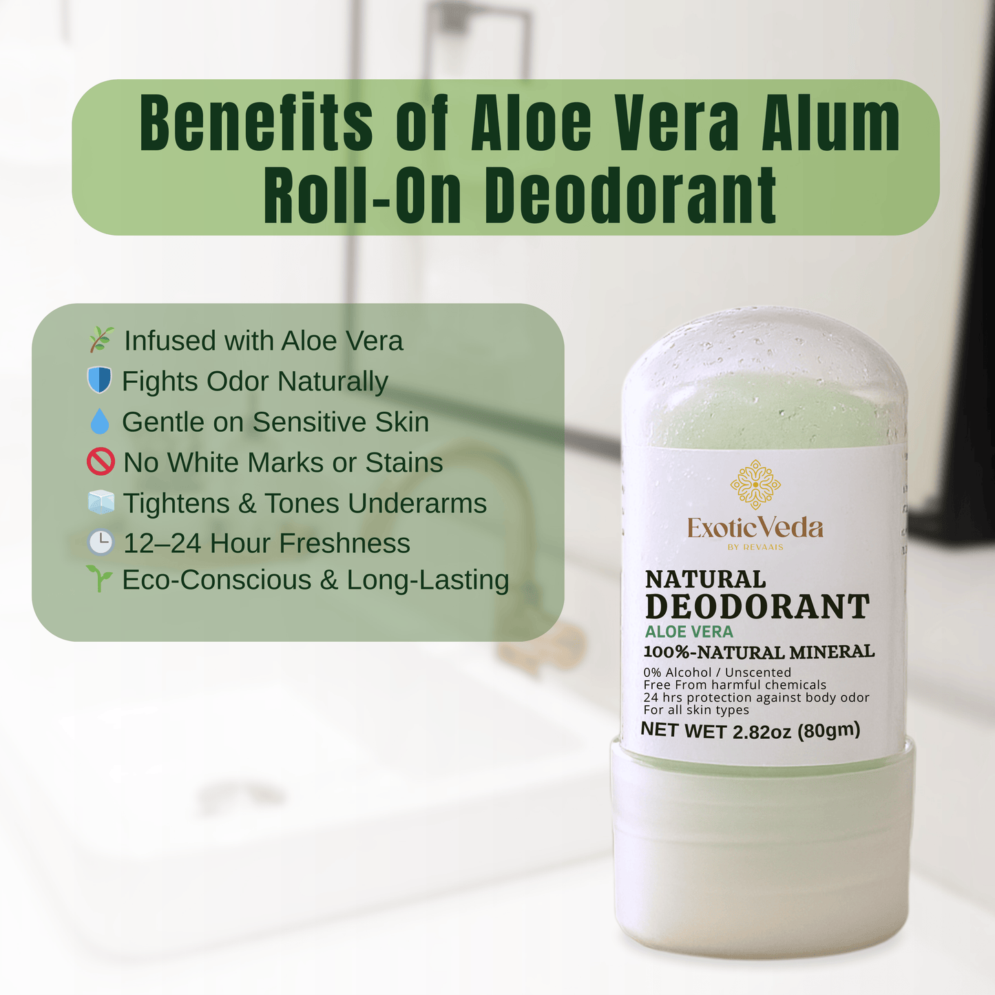  Aloe Vera Alum Roll-On Deodorant, hypoallergenic deodorant, alcohol-free and aluminum-free, 80g, for gentle odor protection.