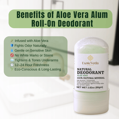  Aloe Vera Alum Roll-On Deodorant, hypoallergenic deodorant, alcohol-free and aluminum-free, 80g, for gentle odor protection.