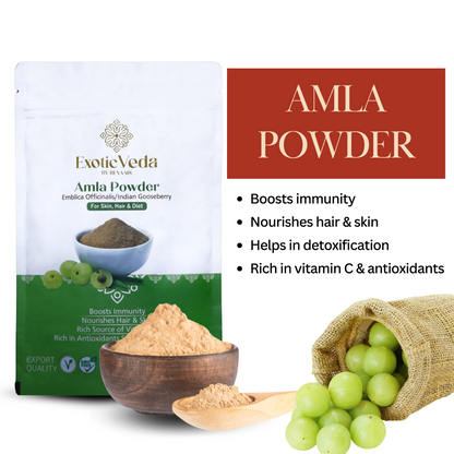 Organic Amla Powder by Exotic Veda – Herbal Supplement for Immunity, Hair Growth, and Detoxification, Non-GMO (100g)(exotic veda )