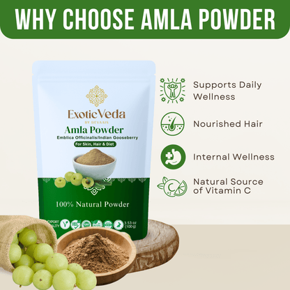 Organic Amla Powder by Exotic Veda – Herbal Supplement for Immunity, Hair Growth, and Detoxification,Vegan, Non-GMO (100g)
