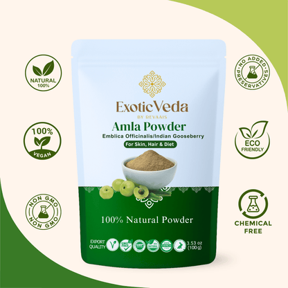Organic Amla Powder by Exotic Veda – Herbal Supplement for Immunity, Hair Growth, and Detoxification,Vegan, Non-GMO (100g)