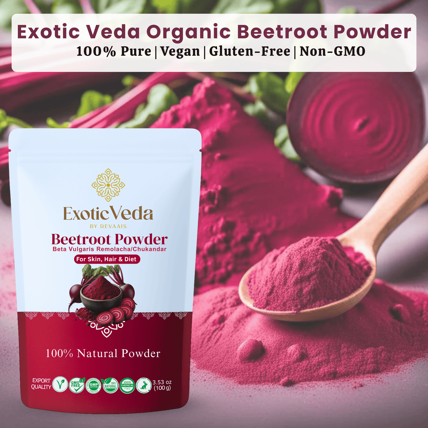 Exotic Veda Beetroot Powder -Vegan & Gluten-Free - 100% Natural, Non-GMO (100g)