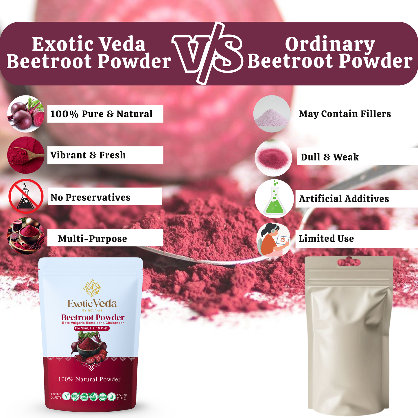 Exotic Veda Beetroot Powder -Vegan & Gluten-Free - 100% Natural, Non-GMO (100g)