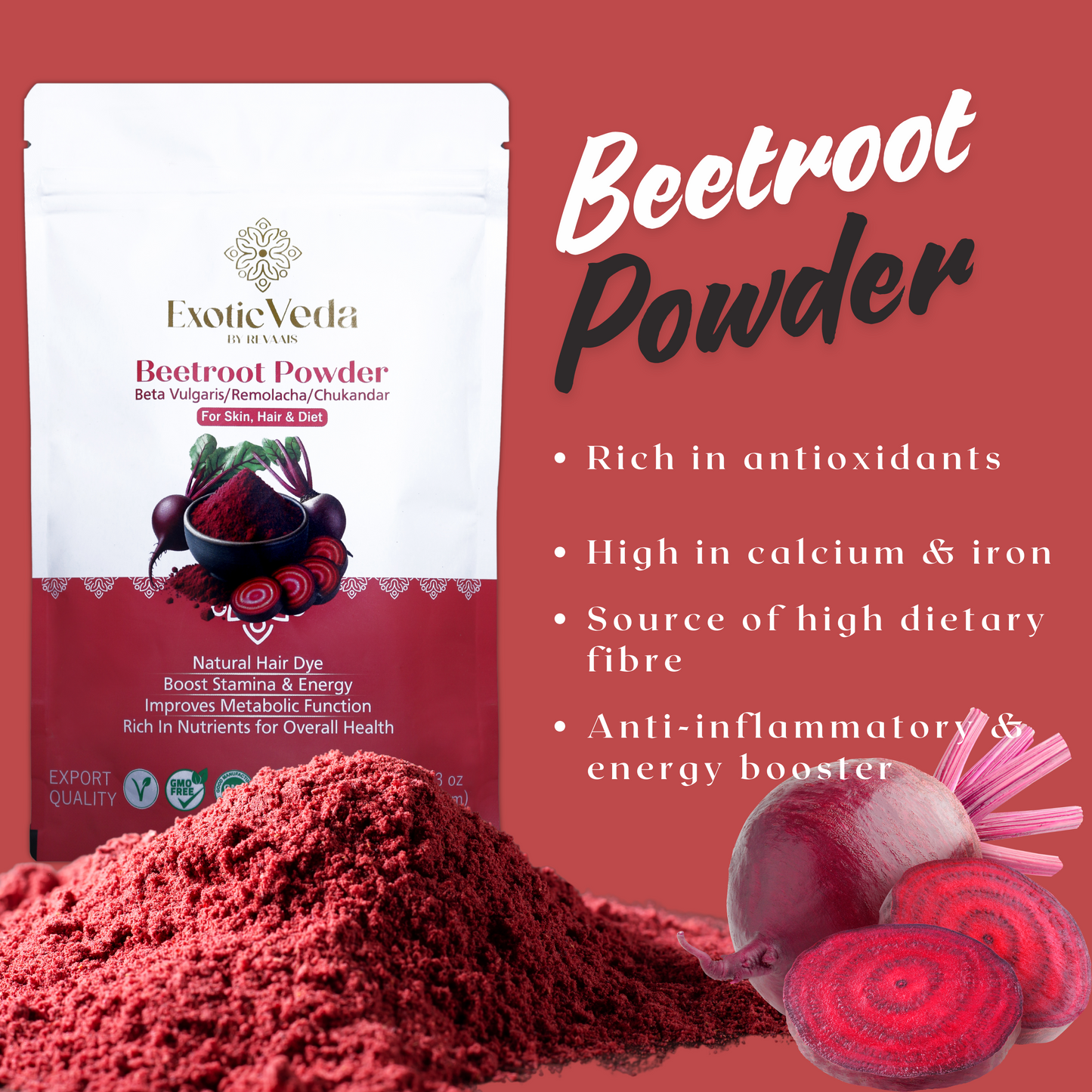 Exotic Veda Beetroot Powder -Vegan & Gluten-Free - 100% Natural, Non-GMO (100g)