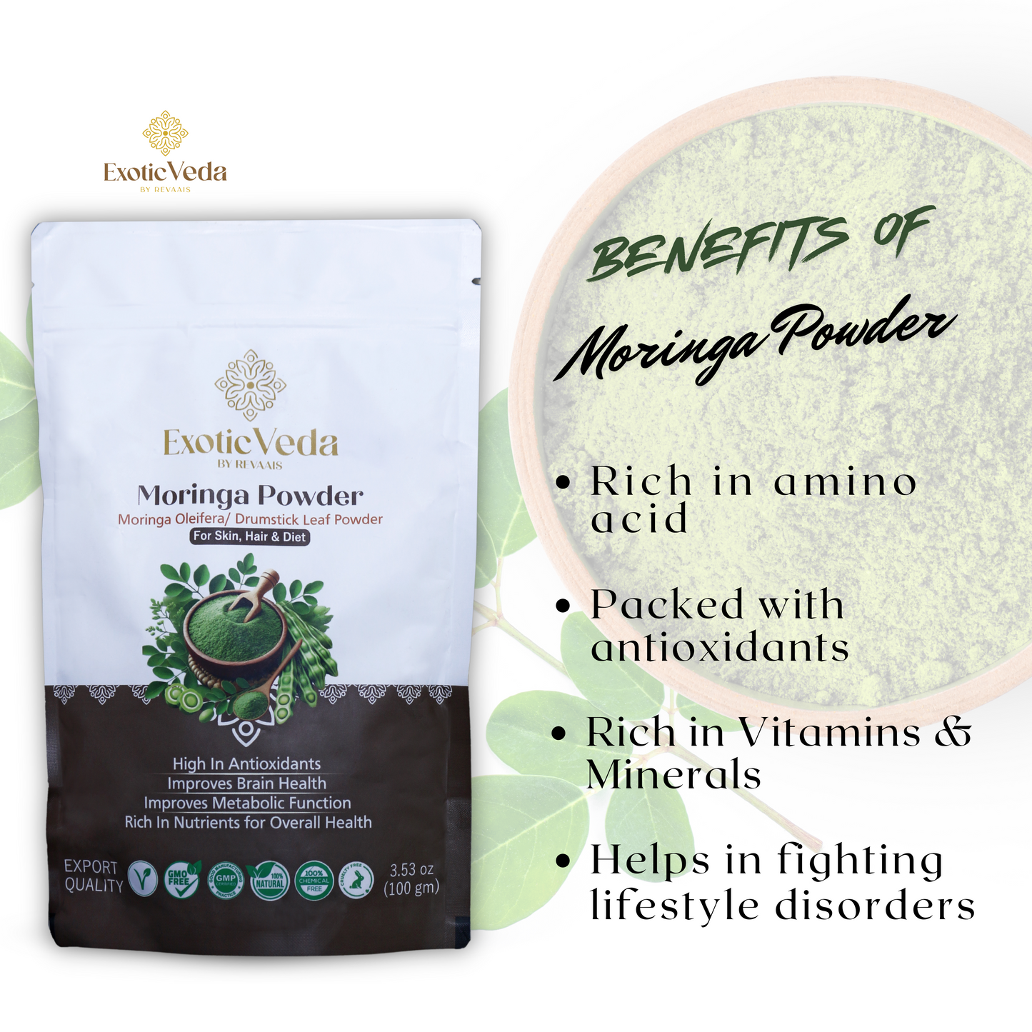 Exotic Veda Moringa Leaf Powder | 100% Natural & Non-GMO Superfood – 100g | Rich in Antioxidants & Nutrients