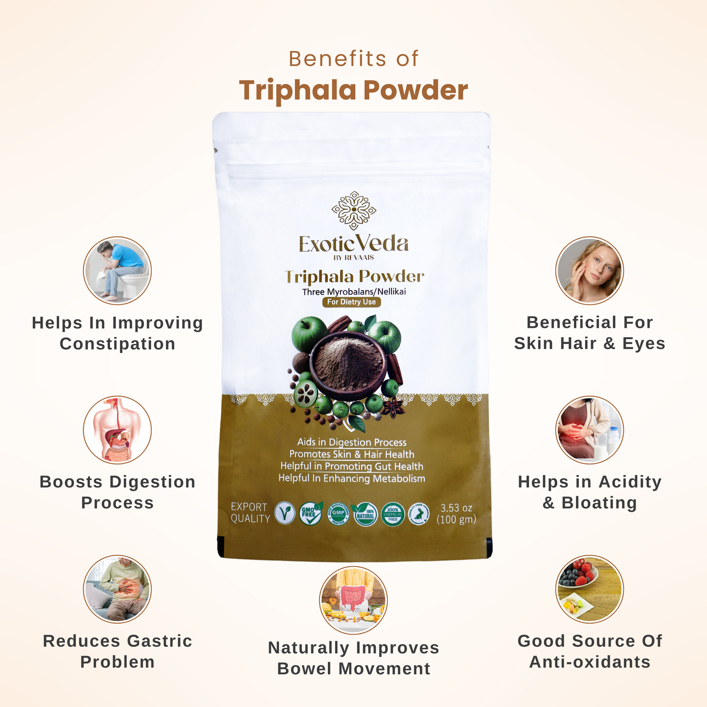 Organic Triphala Powder | Ayurvedic Gut Immune Health Nutrient Dense, Vegan, Gluten-Free Amla, Haritaki, Bibhitaki | Aids in Digestion | Non GMO 100% Vegan (100g)