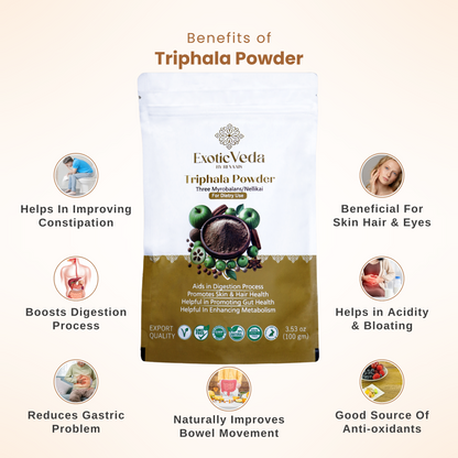 Organic Triphala Powder | Ayurvedic Gut Immune Health Nutrient Dense, Vegan, Gluten-Free Amla, Haritaki, Bibhitaki | Aids in Digestion | Non GMO 100% Vegan (100g)