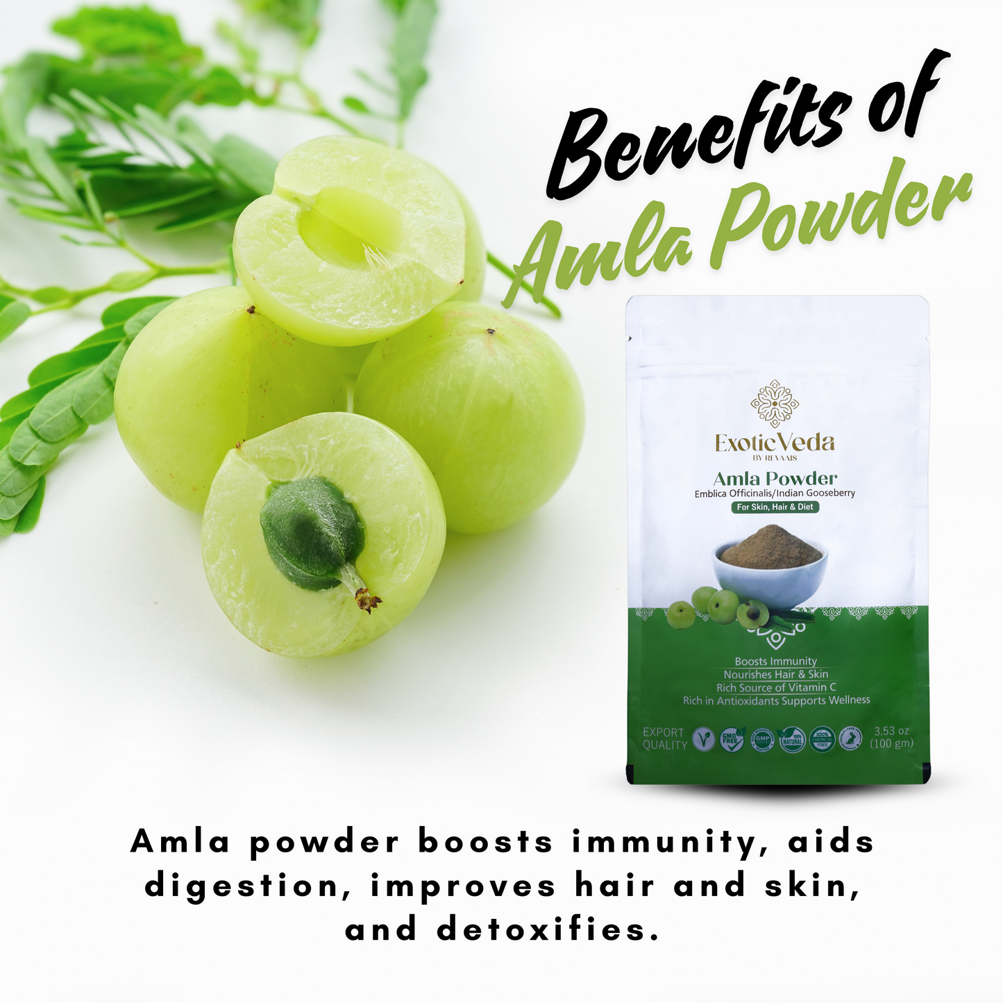 Organic Amla Powder by Exotic Veda – Herbal Supplement for Immunity, Hair Growth, and Detoxification, Non-GMO (100g)(exotic veda )