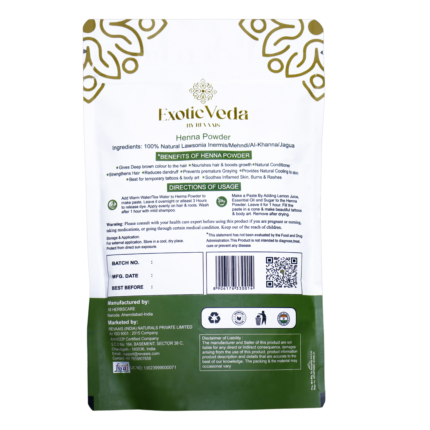 Exotic Veda Organic Henna Powder | 100% Natural Hair Dye from Rajasthan India Lawsonia Inermis Non-GMO Deep Brown (100g)