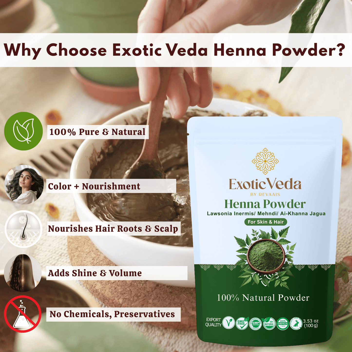 Exotic Veda Organic Henna Hair Color – Natural Hair Dye for Deep Nourishment & Shine