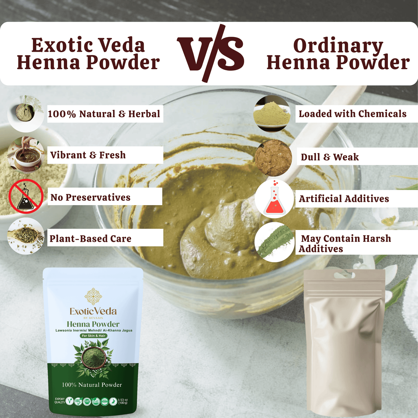 Exotic Veda Organic Henna Hair Color – Natural Hair Dye for Deep Nourishment & Shine