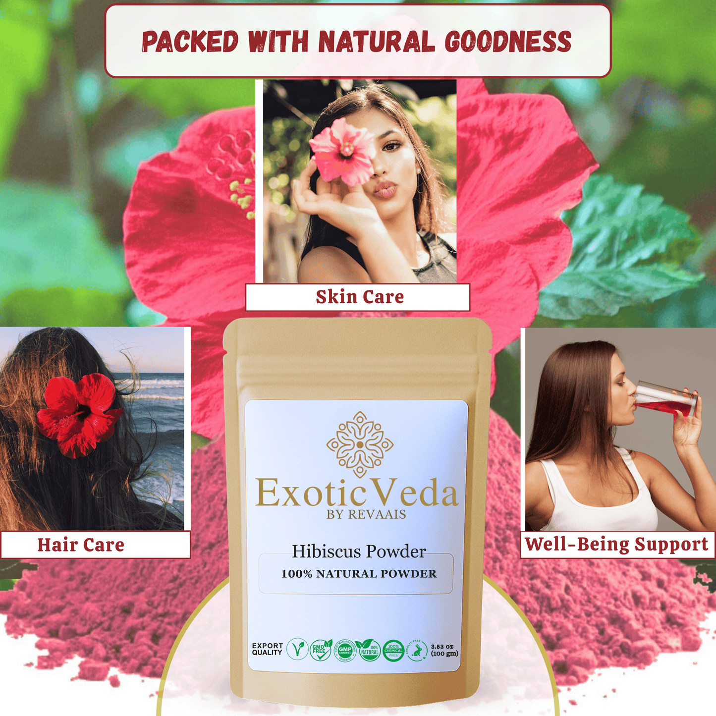Hibiscus Powder 100g (3.53 oz) – 100% Pure Hibiscus Flower Powder for Tea, Smoothies, Hair & Skin Care