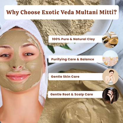Exotic Veda Multani Mitti Powder (100g) – 100% Pure Natural Bentonite Clay for Skin Cleansing, Exfoliating & Detoxifying