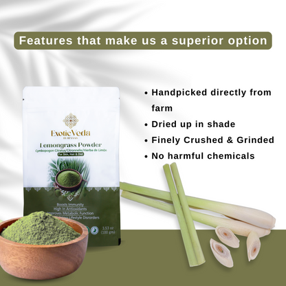 Exotic Veda Lemongrass Powder | Dried Cymbopogon Citratus | 100% Natural & Non-GMO – 100g | Refreshing & Aromatic Herbal Blend