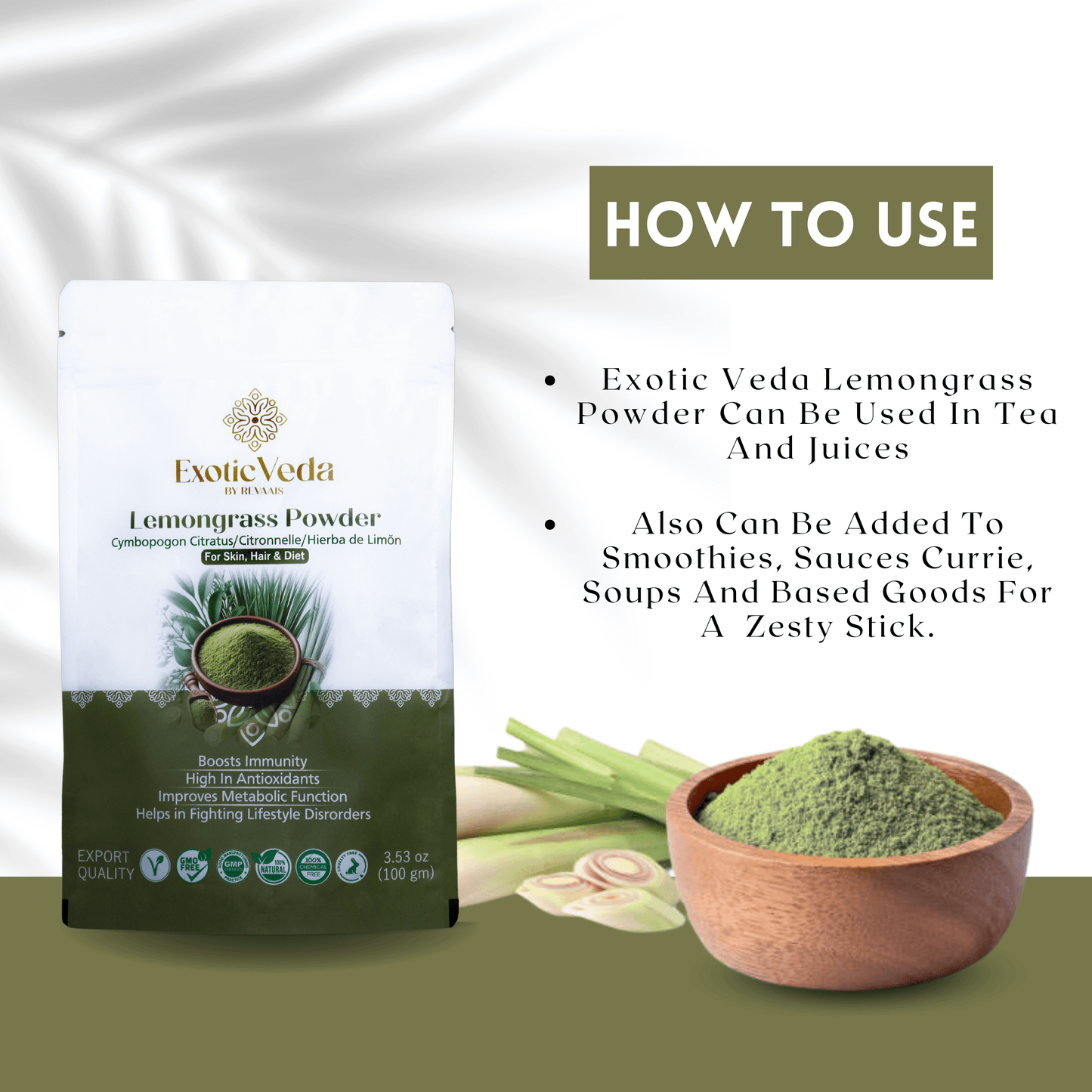 Exotic Veda Lemongrass Powder | Dried Cymbopogon Citratus | 100% Natural & Non-GMO – 100g | Refreshing & Aromatic Herbal Blend