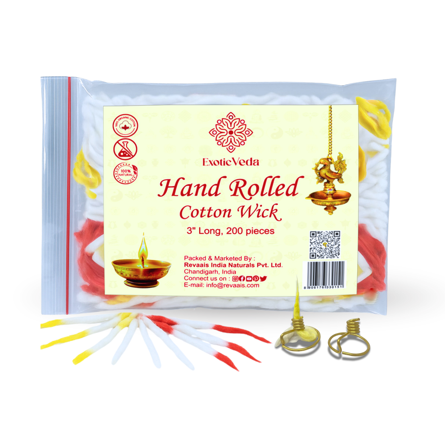 Premium Long Cotton Wick with Two Brass Wick Holder for Pooja Items, Luxury Organic Cotton Wicks for Puja Thali, Pooja Wick Set, 210 Pieces, Decorative and Clean-Burning