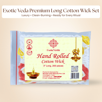 Premium Long Cotton Wick with Two Brass Wick Holder for Pooja Items, Luxury Organic Cotton Wicks for Puja Thali, Pooja Wick Set, 210 Pieces, Decorative and Clean-Burning