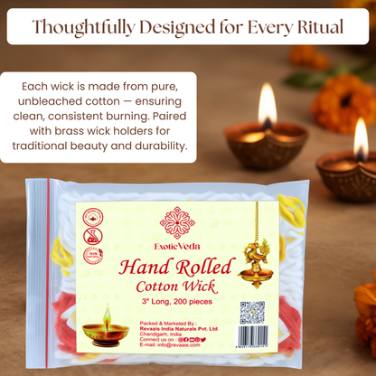 Premium Long Cotton Wick with Two Brass Wick Holder for Pooja Items, Luxury Organic Cotton Wicks for Puja Thali, Pooja Wick Set, 210 Pieces, Decorative and Clean-Burning