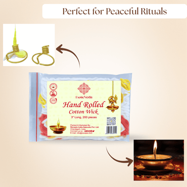 Premium Long Cotton Wick with Two Brass Wick Holder for Pooja Items, Luxury Organic Cotton Wicks for Puja Thali, Pooja Wick Set, 210 Pieces, Decorative and Clean-Burning