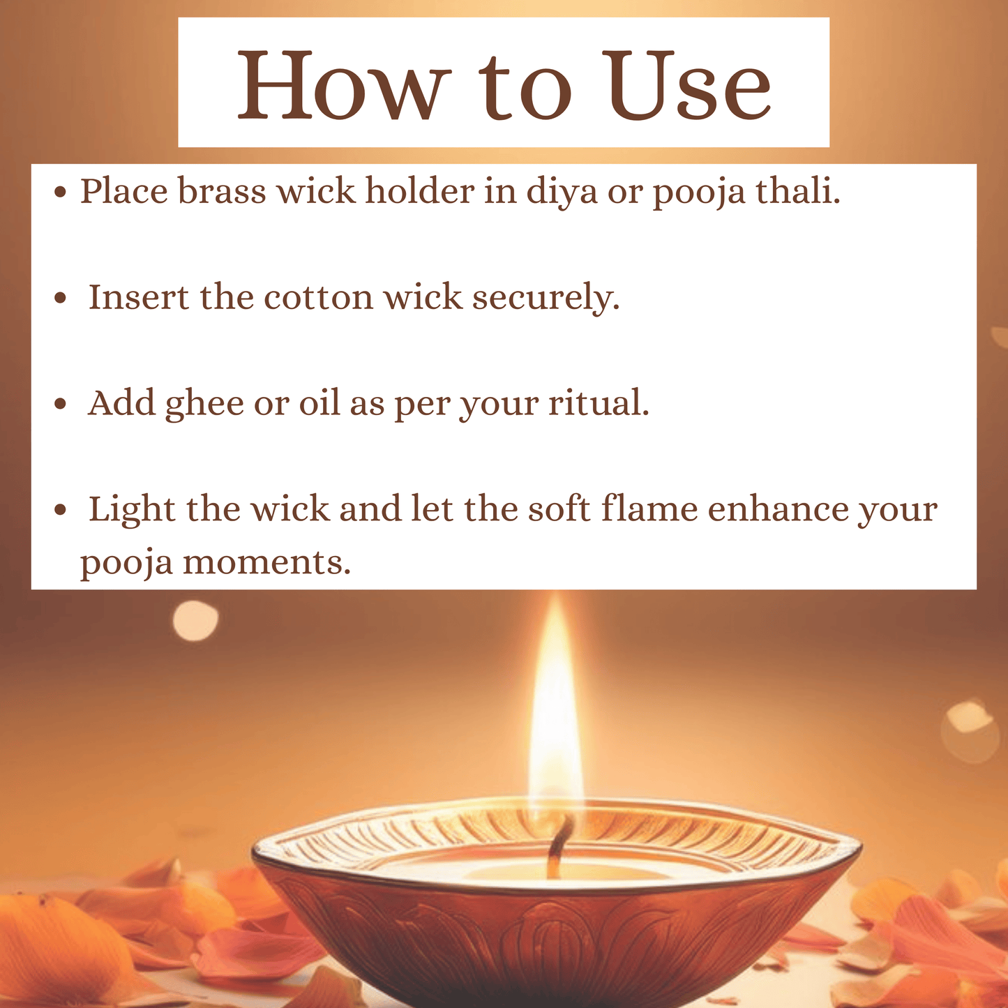 Premium Long Cotton Wick with Two Brass Wick Holder for Pooja Items, Luxury Organic Cotton Wicks for Puja Thali, Pooja Wick Set, 210 Pieces, Decorative and Clean-Burning